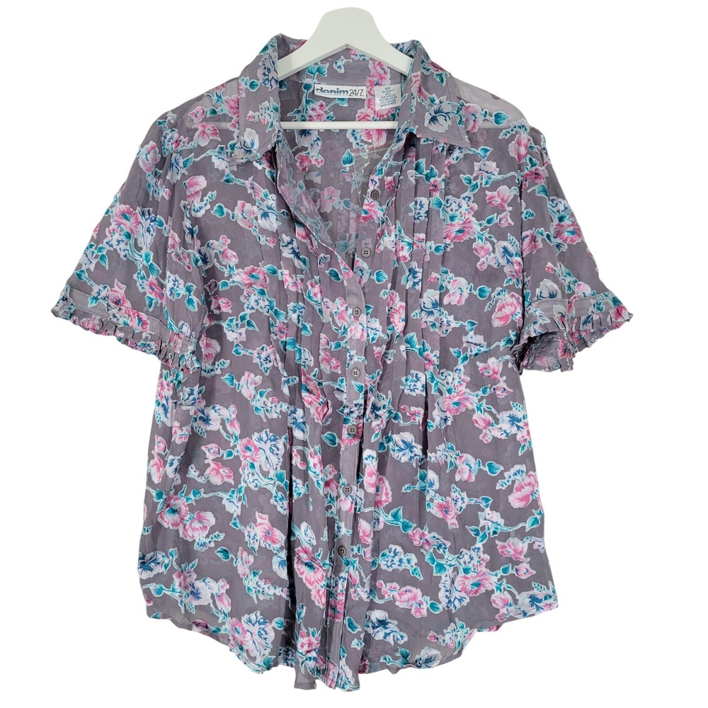 Denim 24/7 Blouse Womens 18W Grey Pink Floral Sheer Pleated Ruffle Short Sleeve